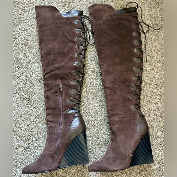 Olga Brown Suede Over-the-Knee Lace-Up Wedge Boots Size 10 - Picture 2 of 7